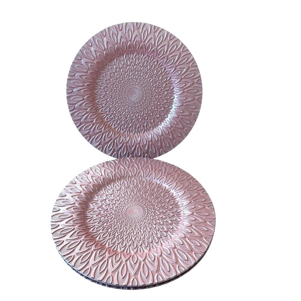 Metallic Pink Peacock Charger Plates 13in Textured Plastic Set of 4 New